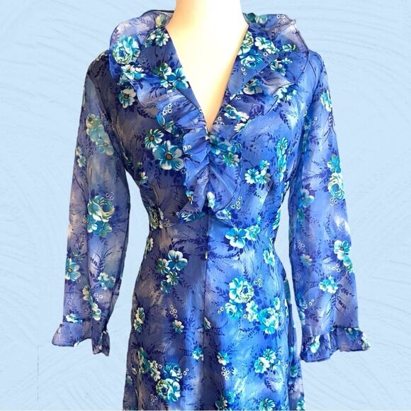 Vintage 60s Missy Matron Spi Bor maxi floral blue bell dress - Picture 2 of 13